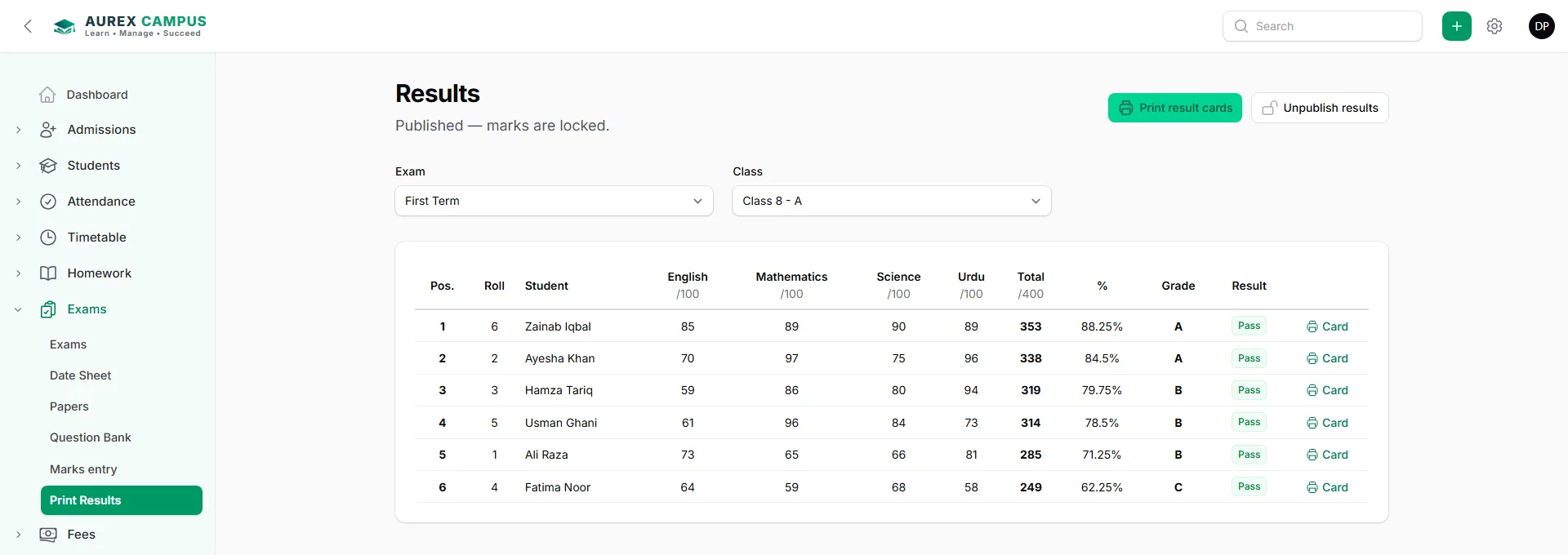 Exams & Result Cards in Aurex Campus